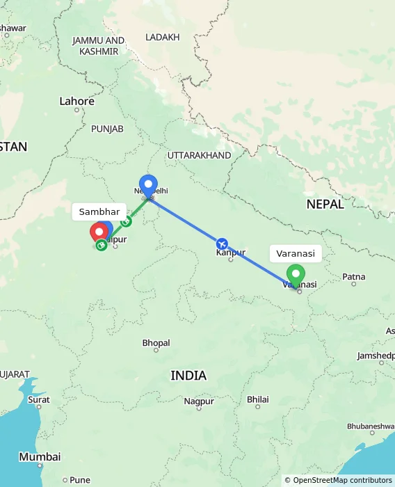 Route map showing distance and travel time from Varanasi, India to Sambhar, India