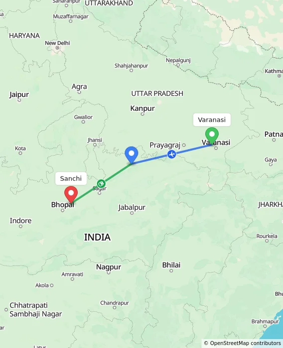 Route map showing distance and travel time from Varanasi, India to Sanchi, India