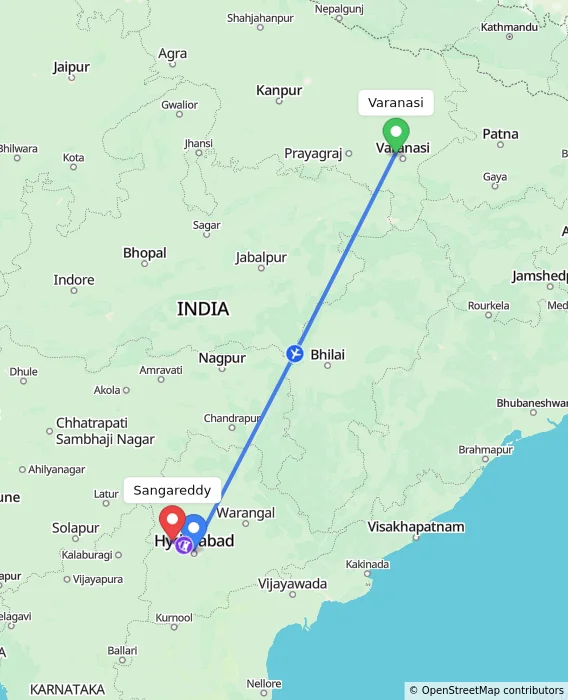 Route map showing distance and travel time from Varanasi, India to Sangareddy, India
