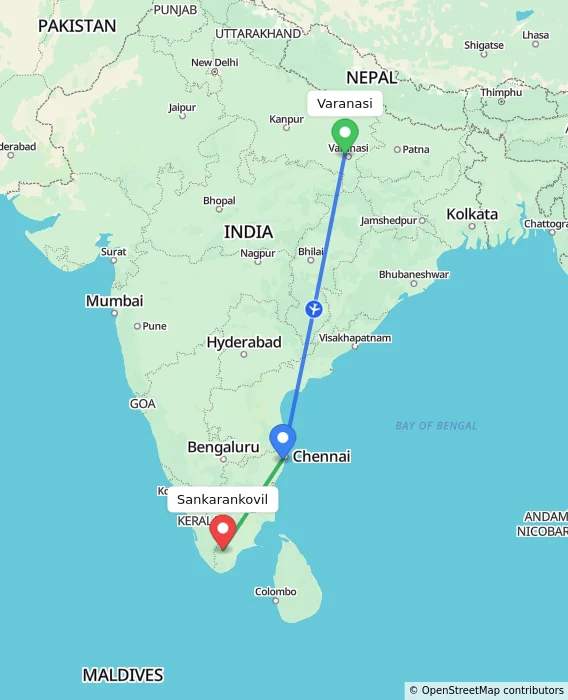 Route map showing distance and travel time from Varanasi, India to Sankarankovil, India