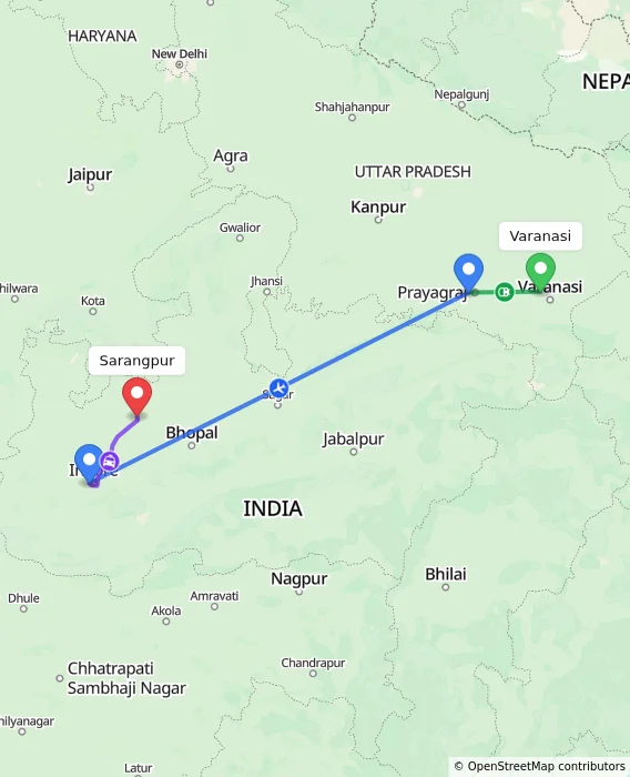 Route map showing distance and travel time from Varanasi, India to Sarangpur, India