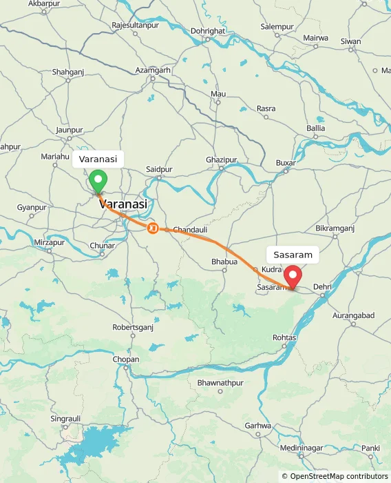 Route map showing distance and travel time from Varanasi, India to Sasaram, India