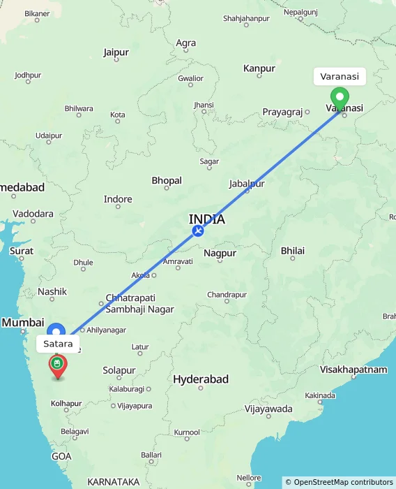 Route map showing distance and travel time from Varanasi, India to Satara, India