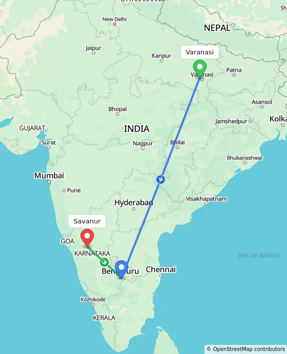 Route map showing distance and travel time from Varanasi, India to Savanur, India