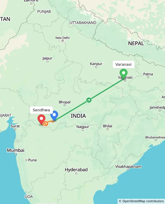 Route map showing distance and travel time from Varanasi, India to Sendhwa, India