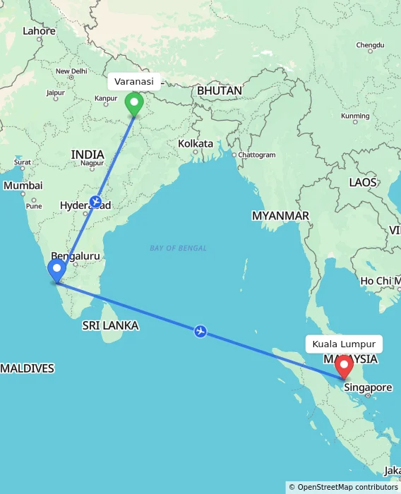 Route map showing distance and travel time from Varanasi, India to Sepang, Malaysia