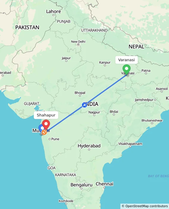 Route map showing distance and travel time from Varanasi, India to Shahapur, India
