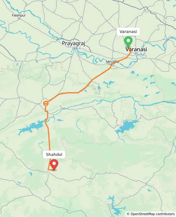 Route map showing distance and travel time from Varanasi, India to Shahdol, India