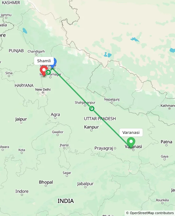 Route map showing distance and travel time from Varanasi, India to Shamli, India