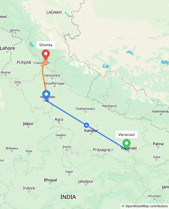 Route map showing distance and travel time from Varanasi, India to Shimla, India