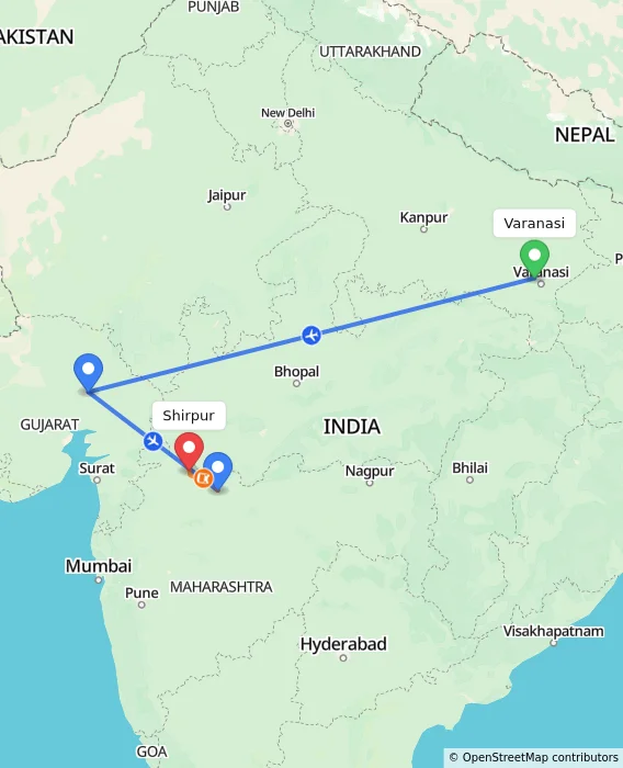 Route map showing distance and travel time from Varanasi, India to Shirpur, India