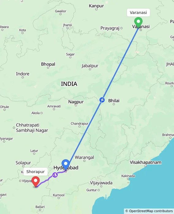 Route map showing distance and travel time from Varanasi, India to Shorapur, India