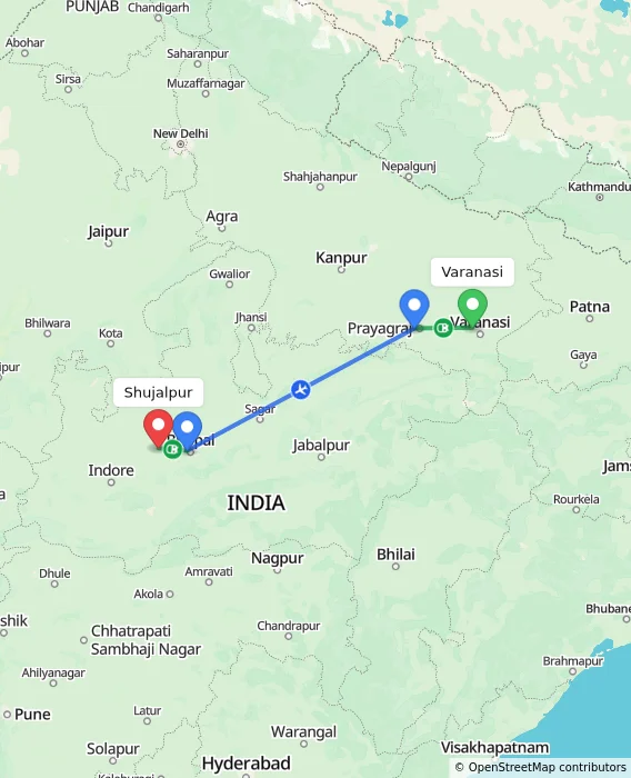Route map showing distance and travel time from Varanasi, India to Shujalpur, India