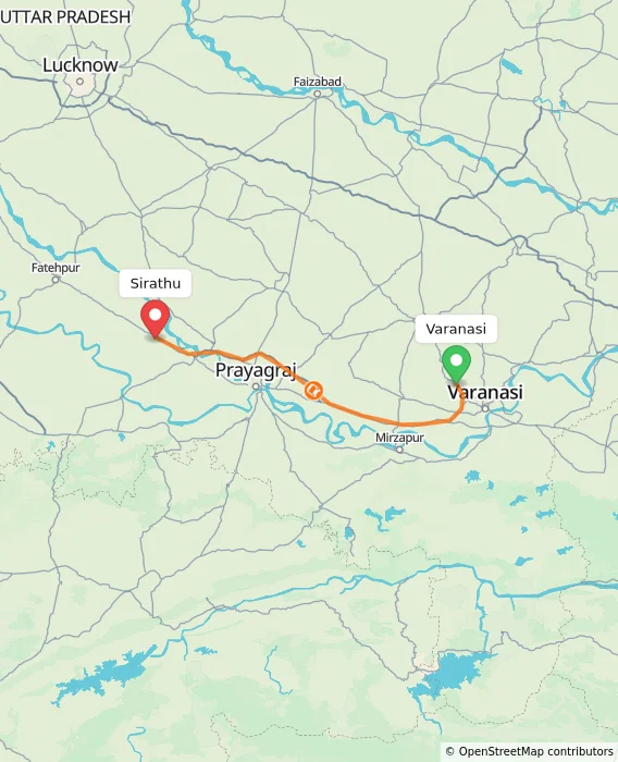 Route map showing distance and travel time from Varanasi, India to Sirathu, India