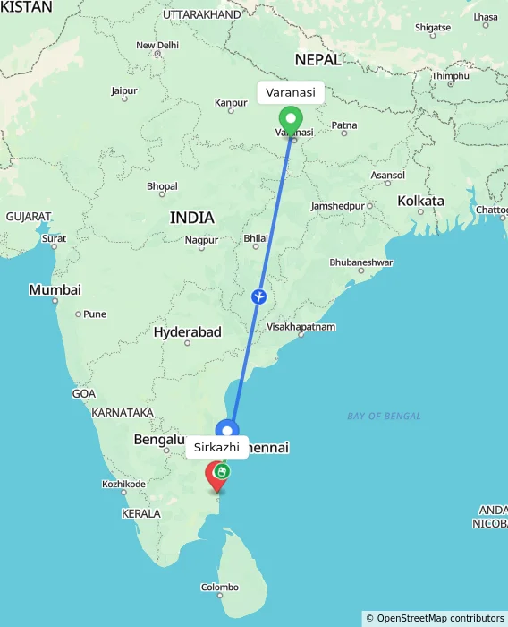 Route map showing distance and travel time from Varanasi, India to Sirkazhi, India