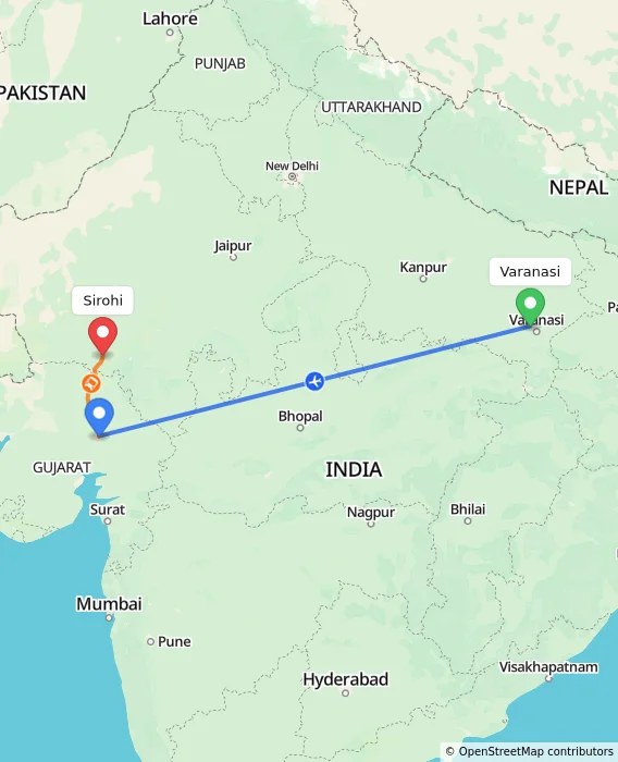 Route map showing distance and travel time from Varanasi, India to Sirohi, India
