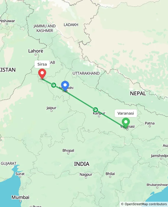 Route map showing distance and travel time from Varanasi, India to Sirsa, India