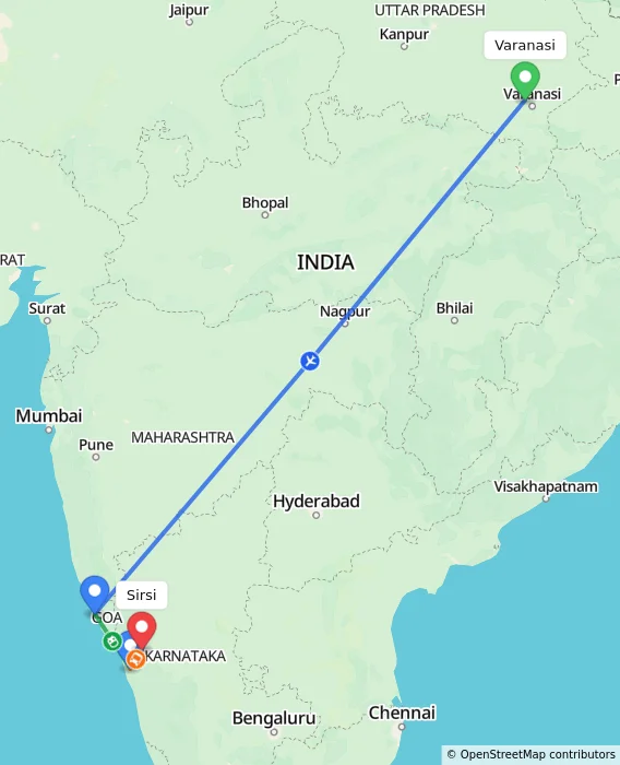 Route map showing distance and travel time from Varanasi, India to Sirsi, India