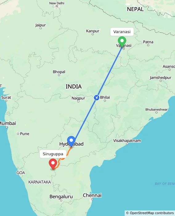 Route map showing distance and travel time from Varanasi, India to Siruguppa, India