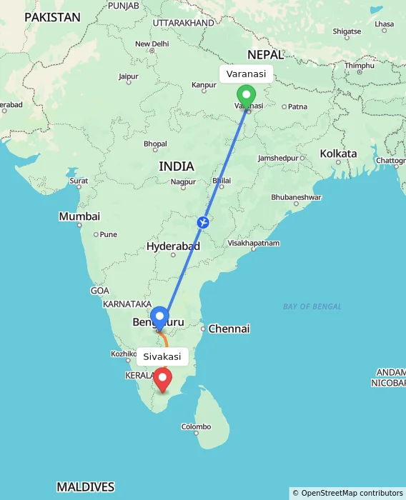 Route map showing distance and travel time from Varanasi, India to Sivakasi, India