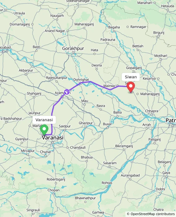 Route map showing distance and travel time from Varanasi, India to Siwan, India