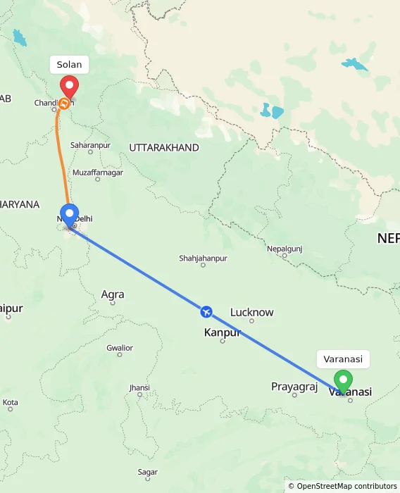 Route map showing distance and travel time from Varanasi, India to Solan, India