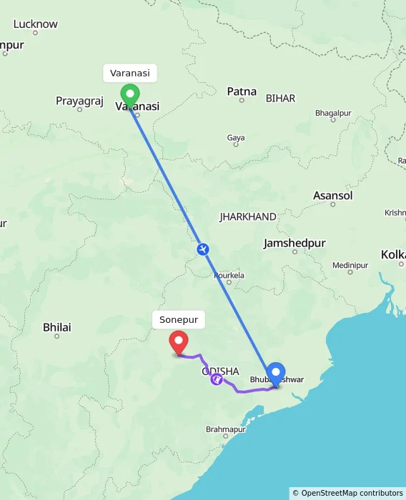 Route map showing distance and travel time from Varanasi, India to Sonepur, India