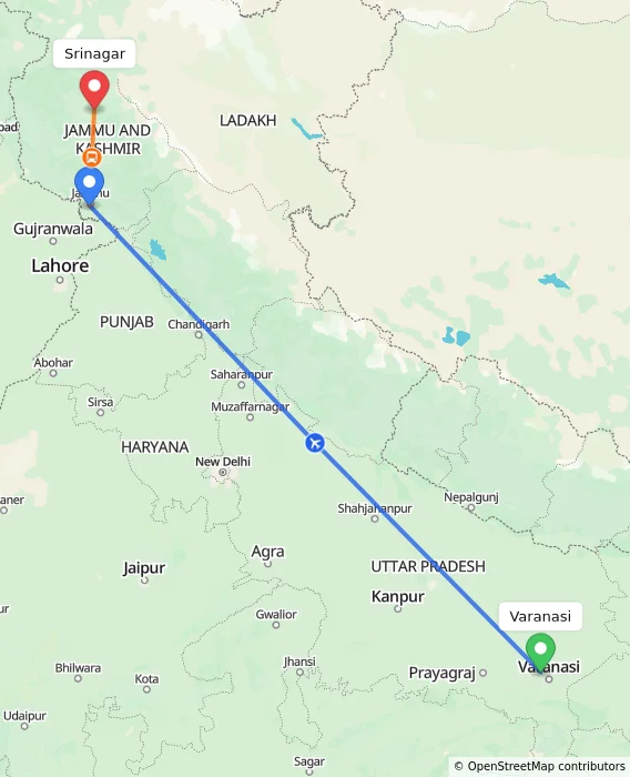 Route map showing distance and travel time from Varanasi, India to Srinagar, India