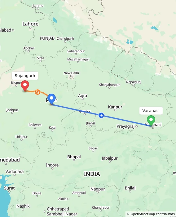 Route map showing distance and travel time from Varanasi, India to Sujangarh, India