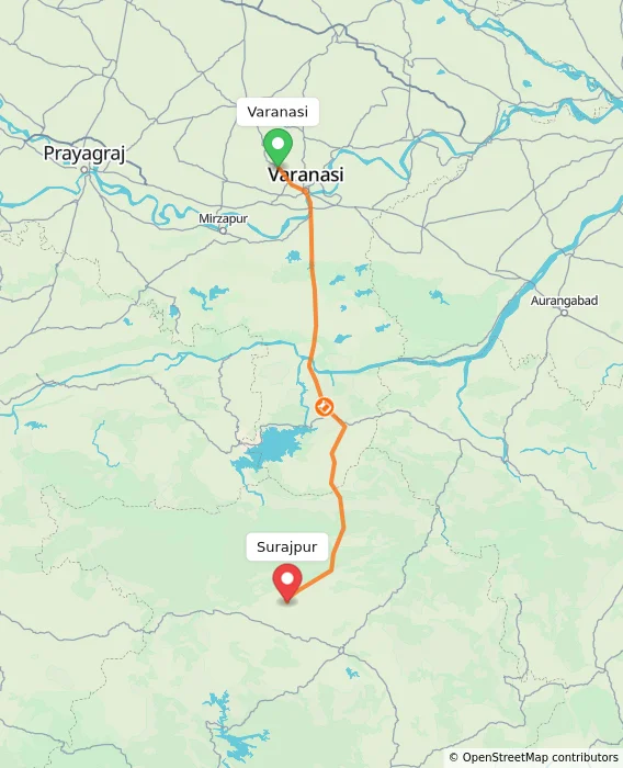 Route map showing distance and travel time from Varanasi, India to Surajpur, India