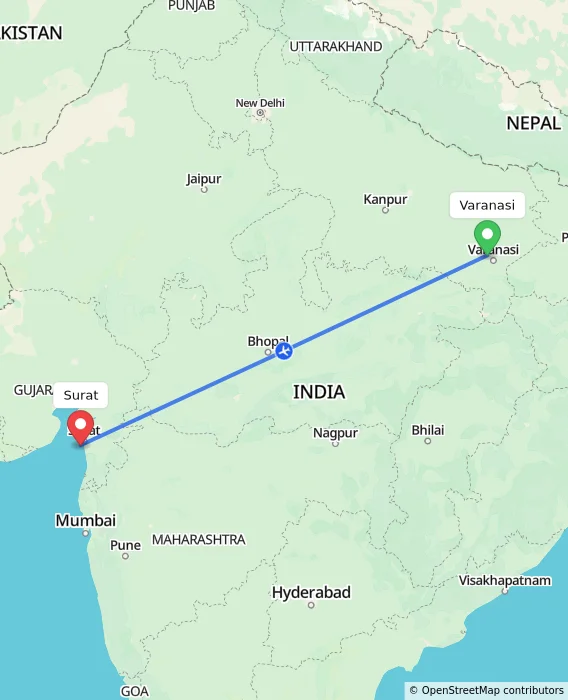 Route map showing distance and travel time from Varanasi, India to Surat, India