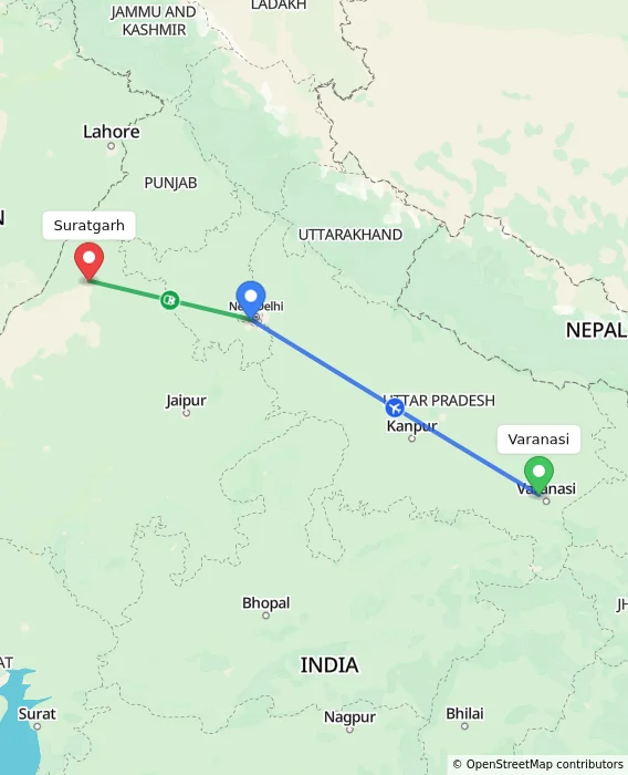 Route map showing distance and travel time from Varanasi, India to Suratgarh, India
