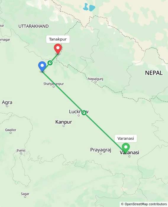 Route map showing distance and travel time from Varanasi, India to Tanakpur, India
