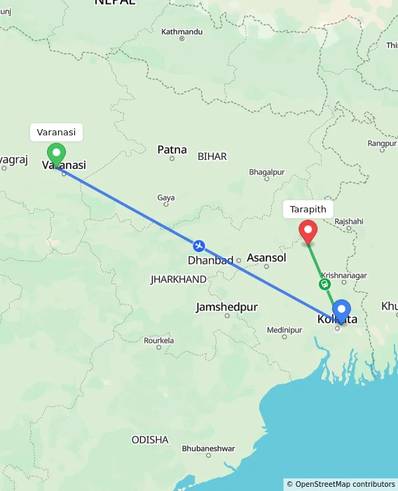 Route map showing distance and travel time from Varanasi, India to Tarapith, India