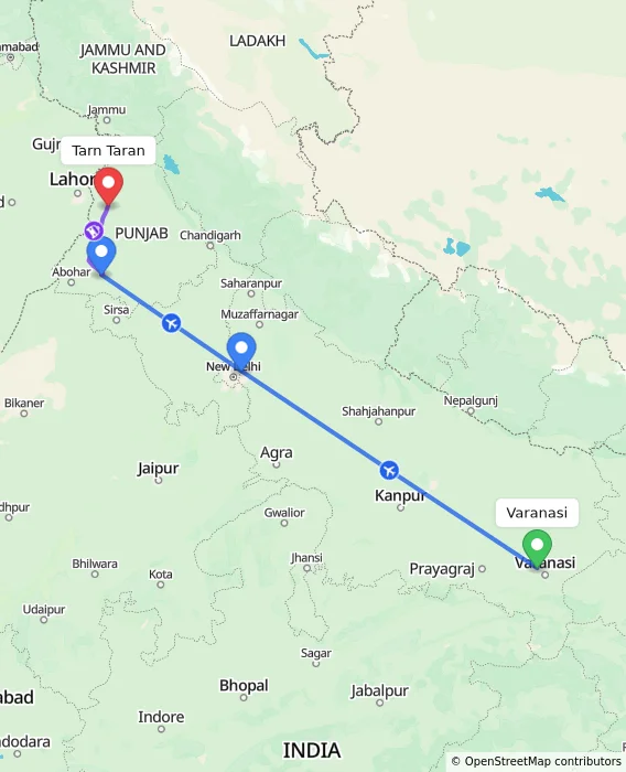 Route map showing distance and travel time from Varanasi, India to Tarn Taran, India