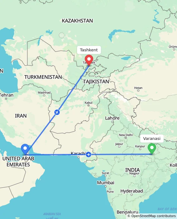 Route map showing distance and travel time from Varanasi, India to Tashkent, Uzbekistan
