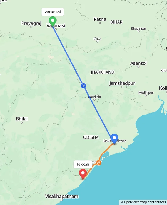 Route map showing distance and travel time from Varanasi, India to Tekkali, India