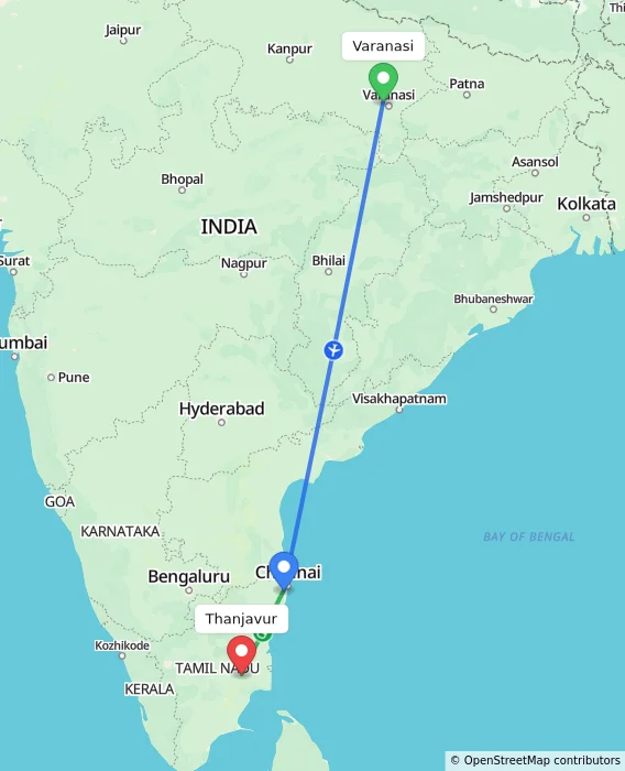 Route map showing distance and travel time from Varanasi, India to Thanjavur, India