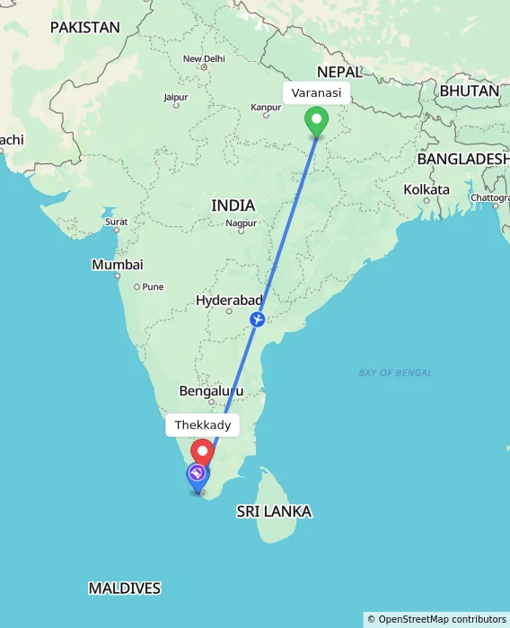 Route map showing distance and travel time from Varanasi, India to Thekkady, India