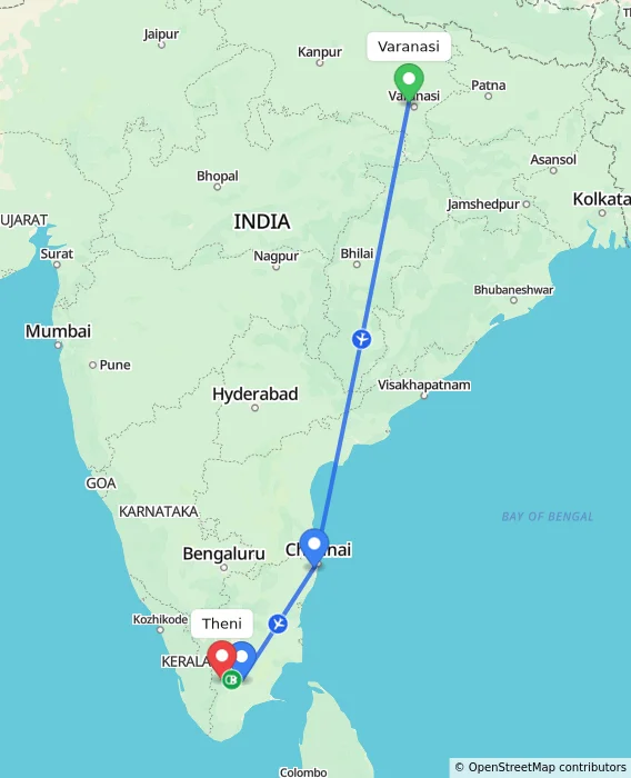Route map showing distance and travel time from Varanasi, India to Theni, India