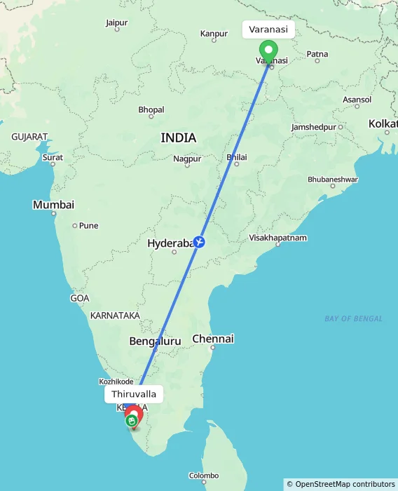 Route map showing distance and travel time from Varanasi, India to Thiruvalla, India