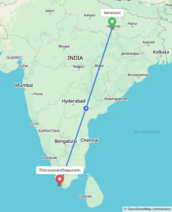 Route map showing distance and travel time from Varanasi, India to Thiruvananthapuram, India