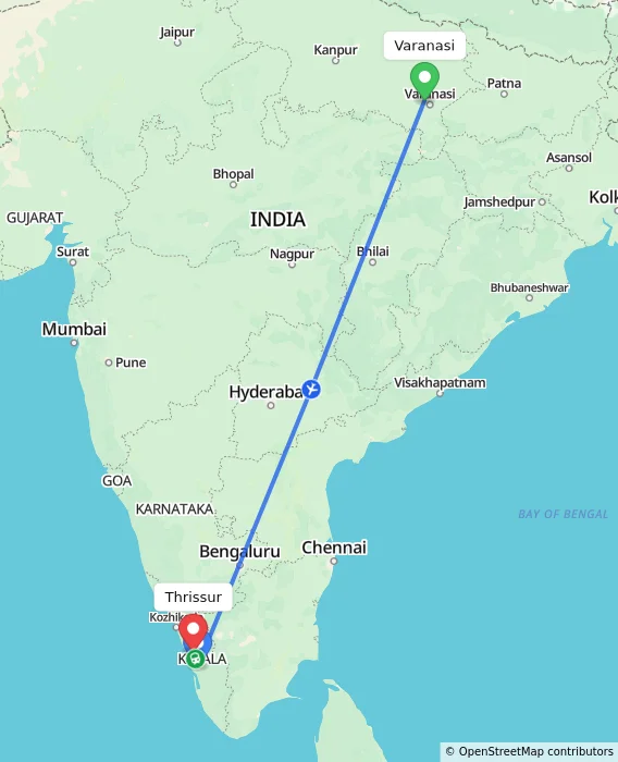 Route map showing distance and travel time from Varanasi, India to Thrissur, India