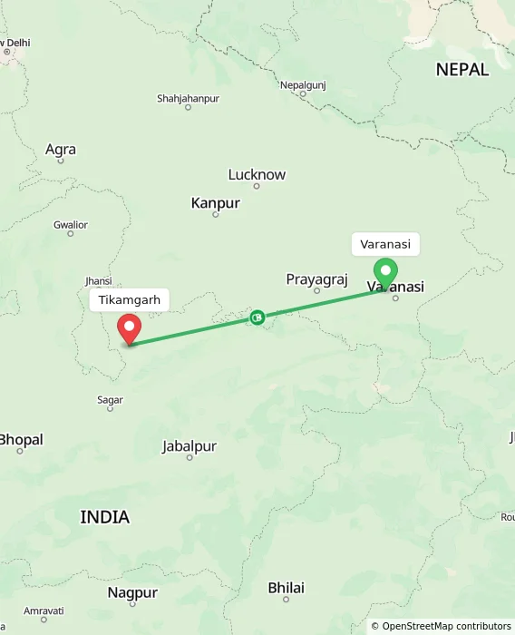 Route map showing distance and travel time from Varanasi, India to Tikamgarh, India