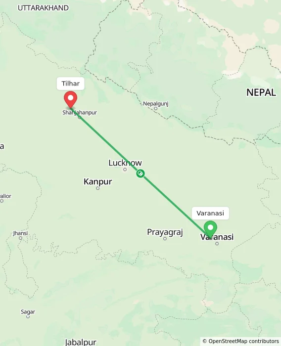 Route map showing distance and travel time from Varanasi, India to Tilhar, India