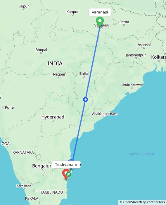 Route map showing distance and travel time from Varanasi, India to Tindivanam, India