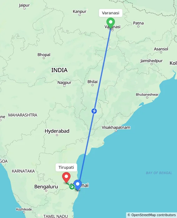 Route map showing distance and travel time from Varanasi, India to Tirupati, India