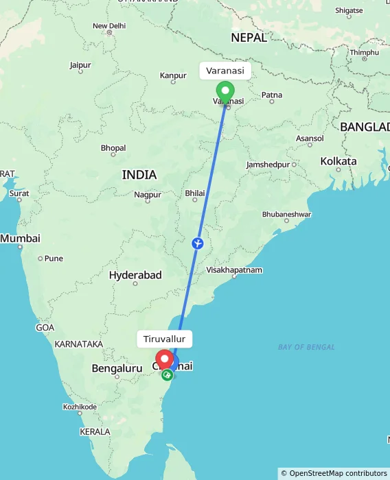 Route map showing distance and travel time from Varanasi, India to Tiruvallur, India