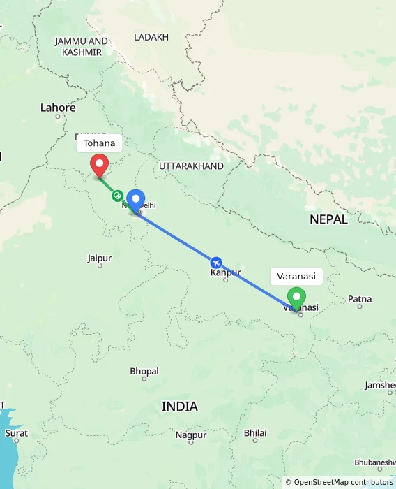 Route map showing distance and travel time from Varanasi, India to Tohana, India