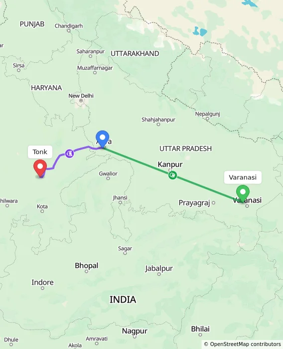 Route map showing distance and travel time from Varanasi, India to Tonk, India